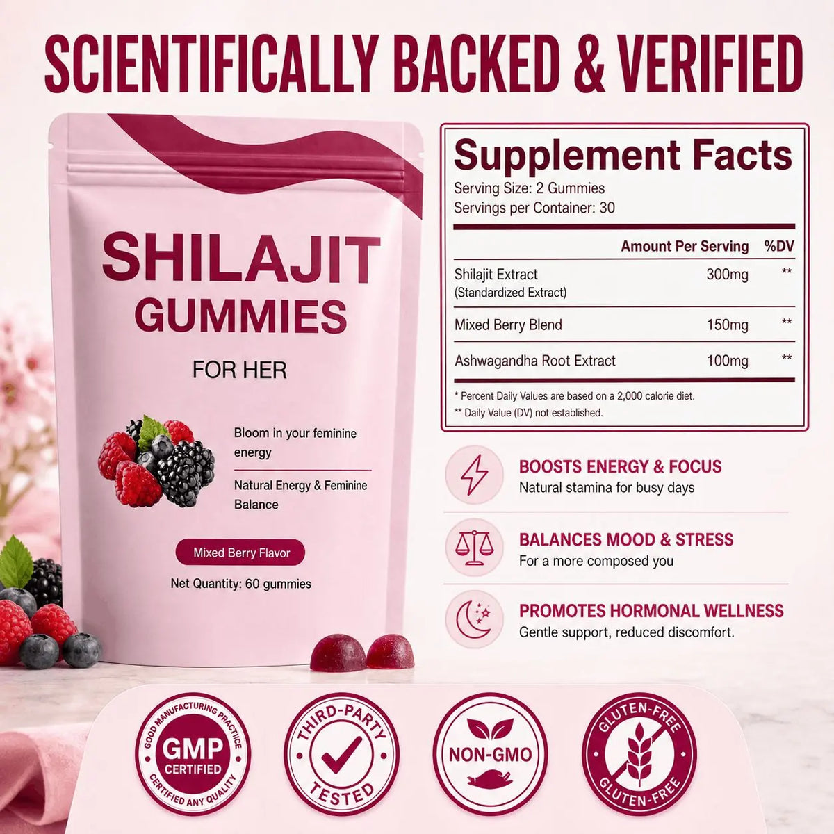 Resina shilajit gummies close up, showing the berry red gummy texture