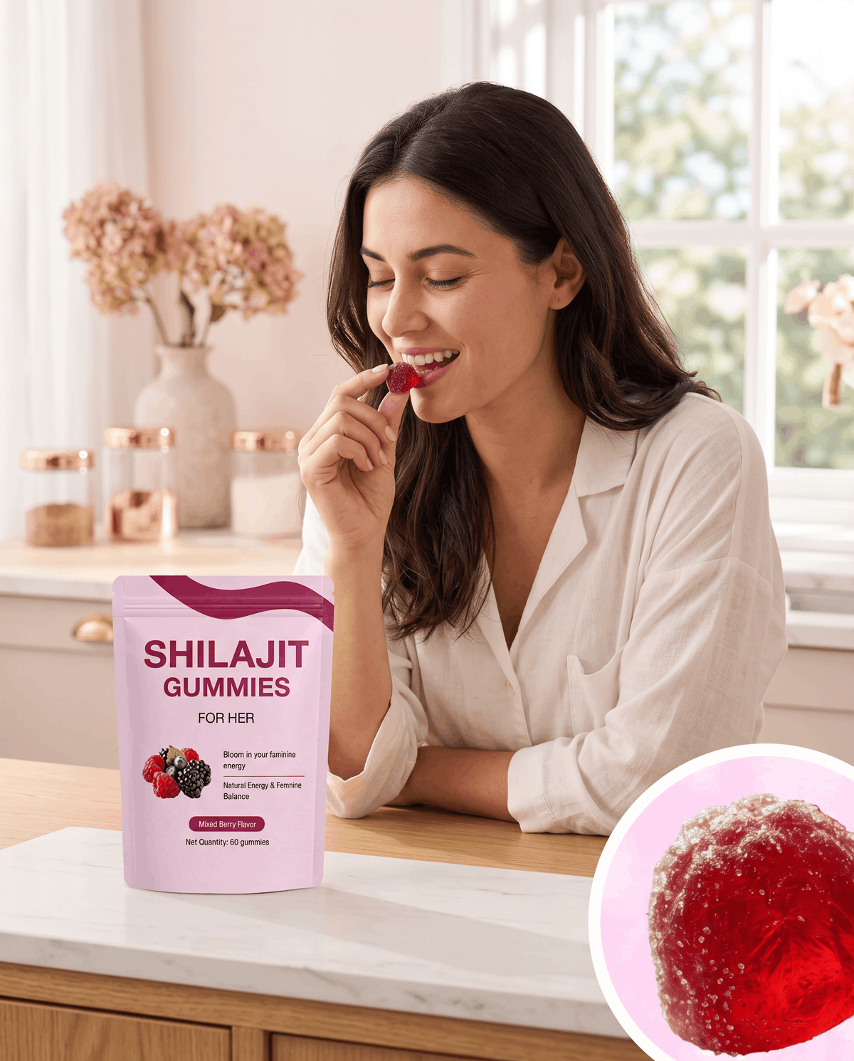 Woman holding a pouch of Resina Shilajit Gummies For Her